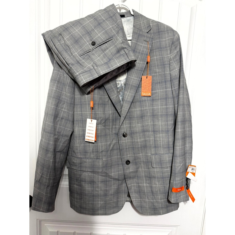 Tallia Suit Mens 44L 40x32 Grey Blue Plaid Wool Blend Stretch VDDL1TVX0103